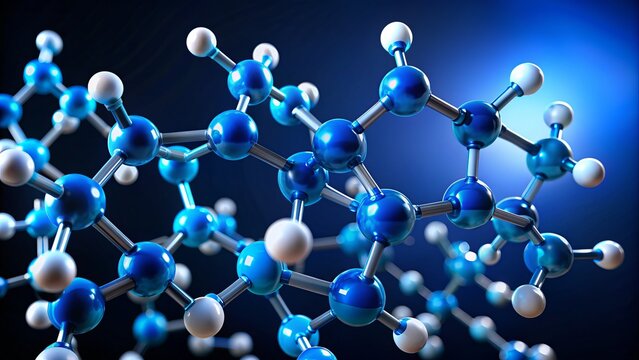 Molecular model of perfluorooctanoic acid, a synthetic chemical compound with potential environmental and health concerns, highlighted in bright blue against a dark background.
