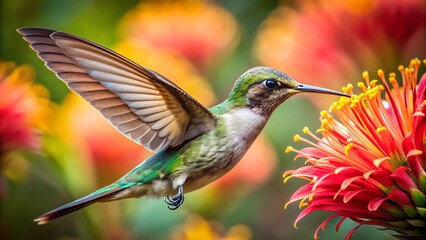Fototapeta premium Ultra hd macro Colorful humming bird are flying near flowers and pecking at water droplets falling from beautiful wild flowers pollen. 