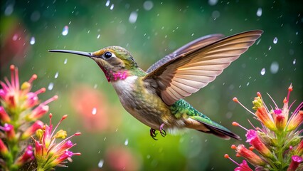 Naklejka premium Ultra hd macro Colorful humming bird are flying near flowers and pecking at water droplets falling from beautiful wild flowers pollen. 