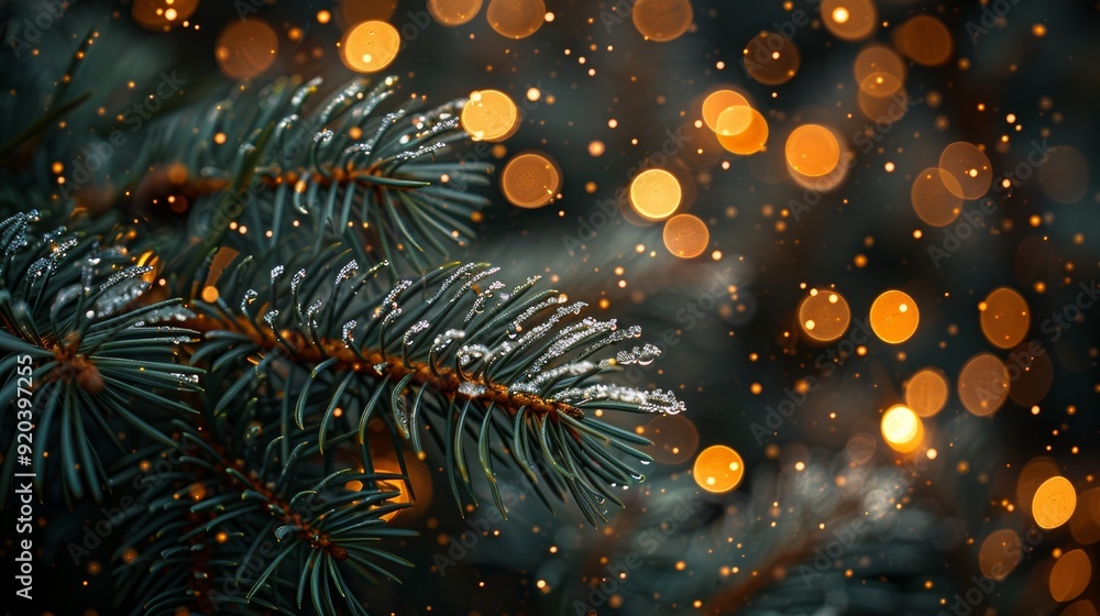 Poster snow-dusted evergreen branches with soft golden lights in a winter setting at twilight