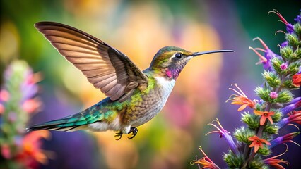 Fototapeta premium Ultra hd macro Colorful humming bird are flying near flowers and pecking at water droplets falling from beautiful wild flowers pollen. 