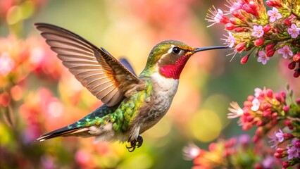 Fototapeta premium Ultra hd macro Colorful humming bird are flying near flowers and pecking at water droplets falling from beautiful wild flowers pollen. 