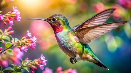 Fototapeta premium Ultra hd macro Colorful humming bird are flying near flowers and pecking at water droplets falling from beautiful wild flowers pollen. 
