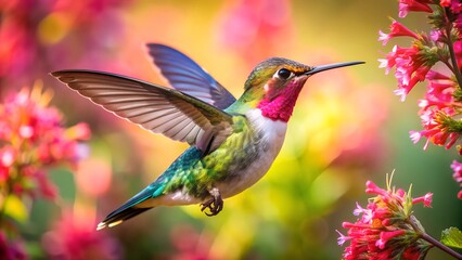 Fototapeta premium Ultra hd macro Colorful humming bird are flying near flowers and pecking at water droplets falling from beautiful wild flowers pollen. 