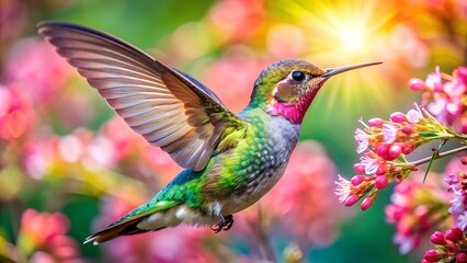 Fototapeta premium Ultra hd macro Colorful humming bird are flying near flowers and pecking at water droplets falling from beautiful wild flowers pollen. 