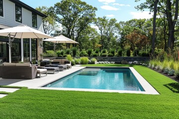 Long Island home with outdoor pool, patio area, vibrant green lawn, white stone borders, seating for four, surrounded by plants, midday light.