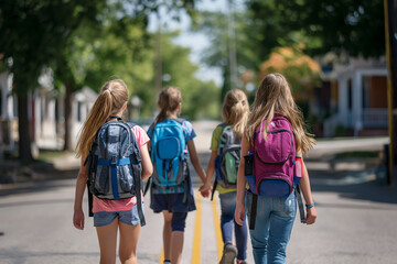 Children walking to school on a sunny day, carrying backpacks along a tree-lined street