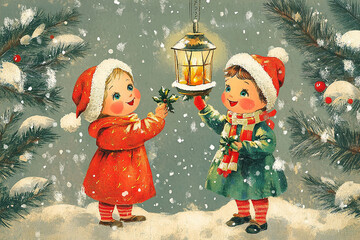 Children in Santa Claus hats and scarves with a lantern on the background of the Christmas tree. Christmas greeting card