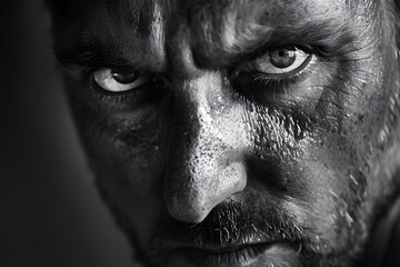 Obraz premium Intense Close-Up of a Weathered Face in Black and White