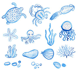 Marine life watercolor illustration set. Hand drawn underwater animals and shells on isolated background. Jellyfish and crab monochrome children cute image. Seaweed and pebbles for design 