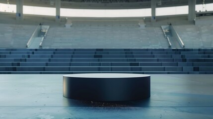 Sleek, minimalist podium in a deserted stadium, perfect for product presentations and awards.