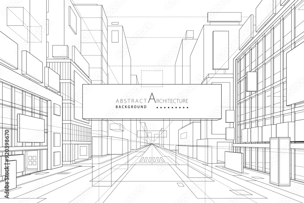 Aufkleber 3d illustration abstract modern urban building out-line black and white drawing of imagination archi