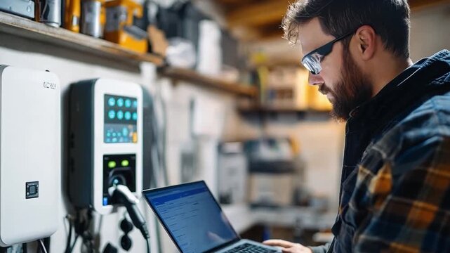 Expert technician installing a home EV charging station, actively configuring and troubleshooting the laptop-based charging system for electric vehicles.