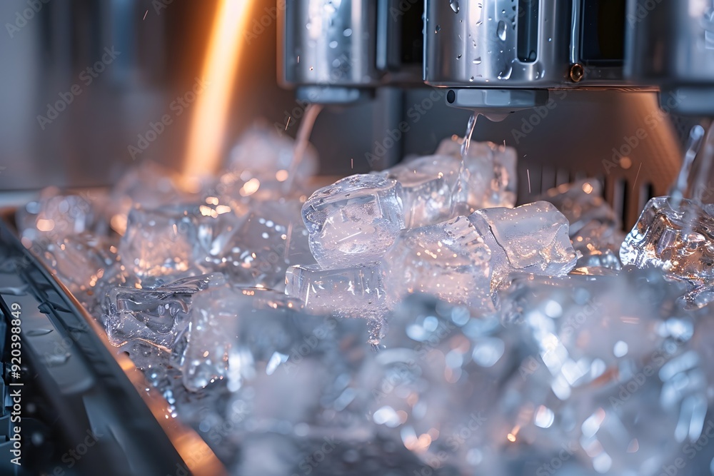 Poster refreshing ice dispenser in action with glimmering ice cubes