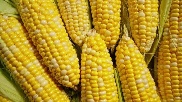 Fresh yellow sweet corn from farm rotating. Top view. Healthy vegetarian food. Harvested ear of corn and kernels. Plump kernels. Maize. 4K, UHD