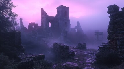 Fototapeta premium Enigmatic Ruins of the Bandit Empire at Dawn â€“ Mystical Pink and Purple Hues Invoking Forgotten Stories