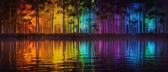 Obraz premium Colorful rainbow forest with reflection in the lake, 