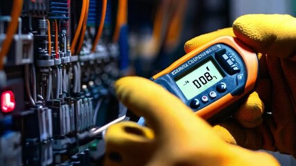 Engineer hand holding an AC multimeter, inspecting the voltage of the electric current at the circuit breaker terminal for electricity and electrical maintenance services.