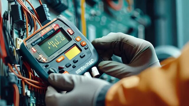 Electricity and electrical maintenance service, engineer with hand-held AC multimeter, measuring voltage at circuit breaker terminal for electric current.