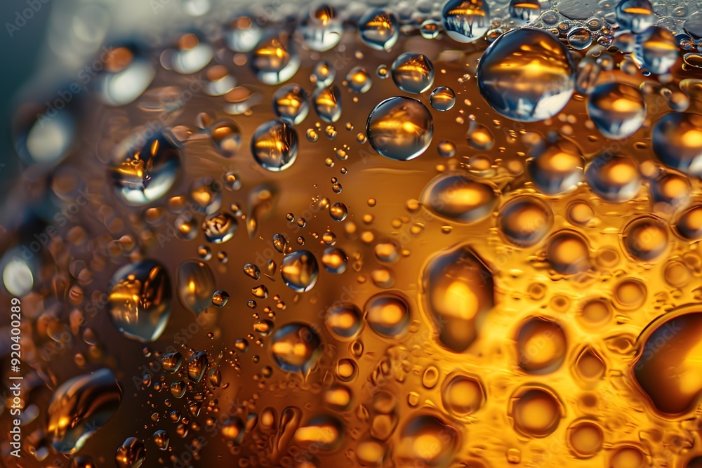 Poster close-up of refreshing beverage with glimmering bubbles and droplets
