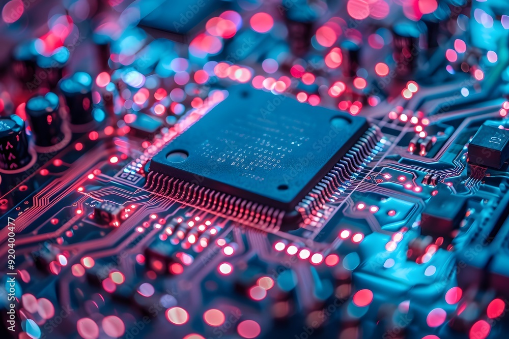 Poster vibrant close-up of a circuit board with a microchip illuminated by colorful lights