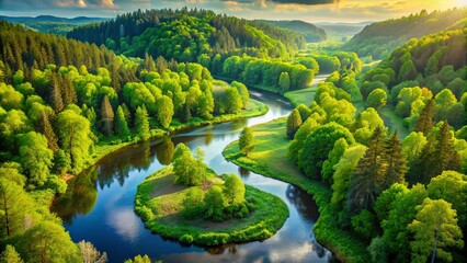 Serene landscape of lush green forest with a winding river, symbolizing harmony between nature and human existence, promoting eco-friendly living and environmental conservation.