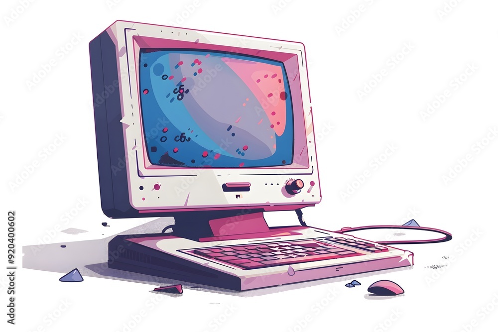 Poster retro computer in a colorful, abstract style with broken parts