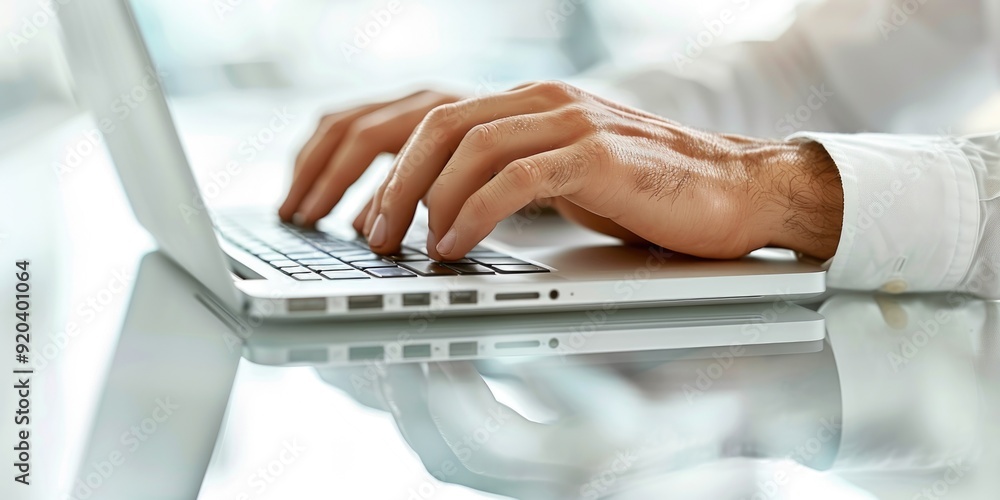 Aufkleber hands typing on a laptop keyboard in a modern workspace. the closeup showcases a reflective surface 