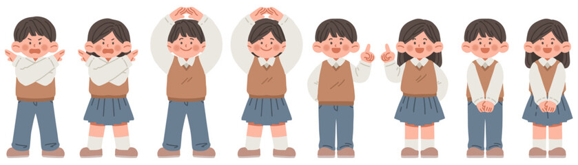 여러가지 동작의 교복을 입은 남학생, 여학생