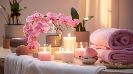 Spa set of items in pink bathroom interior. Candles and orchid petals. Neural network ai generated art