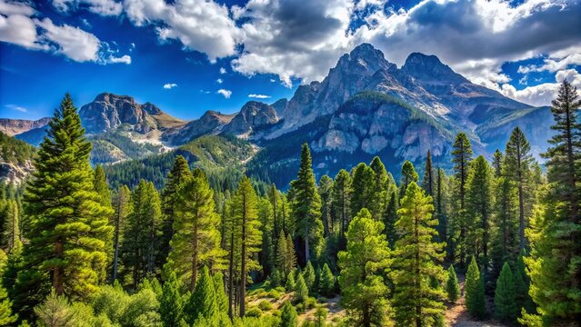 Serene summer scenery of Mount Charleston, Nevada, featuring a dense forest of evergreen trees surrounded by rugged mountain peaks under a clear blue sky.