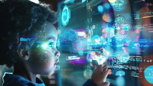 Children are exploring digital learning tools with the help of an AI assistant, symbolizing the future of education and the advancement of personalized learning.