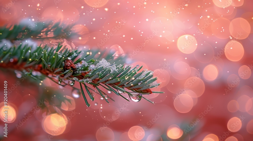 Poster snowy pine branch glistening with droplets and bokeh lights in a winter setting