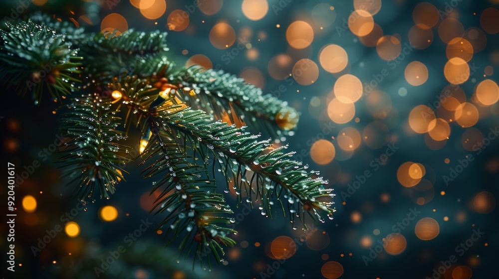 Poster close-up of a pine branch adorned with sparkling droplets and warm bokeh lights during a festive win