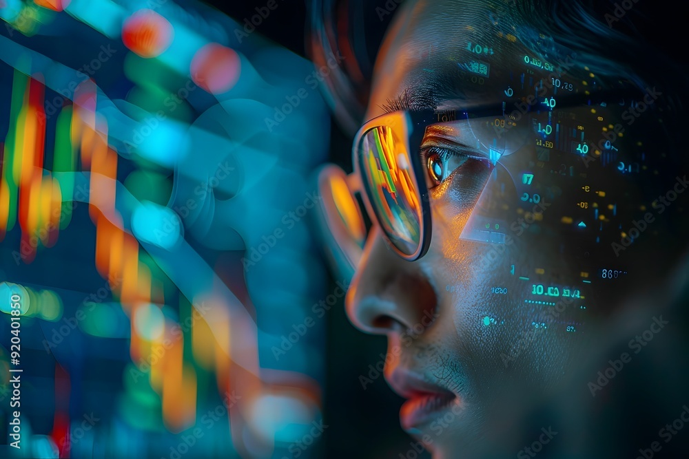 Poster focused analysis: a close-up of a person analyzing financial data with digital projections