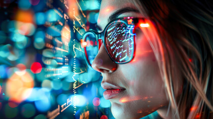 A woman in glasses examining digital interfaces with data overlaying her face. UX coding, big data analytics, artificial intelligence, technology, and innovation in high-tech environment. Close up