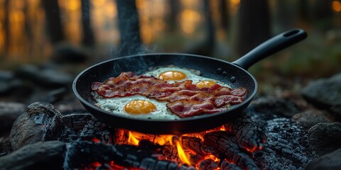 Fototapeta premium Morning Campfire Feast: Bacon and Eggs Cooked in Nature's Embrace, generative ai