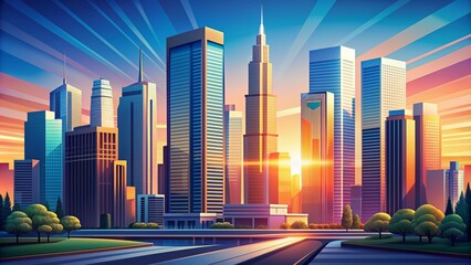 Fototapeta premium Stylish vector illustration of a modern cityscape at sunset with sleek skyscrapers, bustling streets, and vibrant colors against a gradient blue sky backdrop.