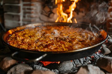 Fototapeta premium Sizzling Paella Cooking Over Open Flames