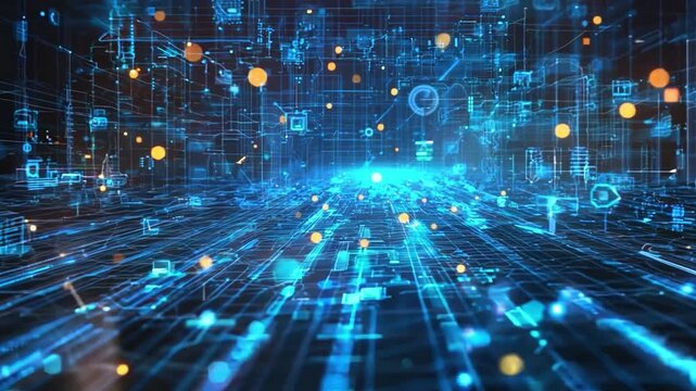 Blue lines that are connected to represent data flow and high-speed internet, with locks for privacy and cyber-security overlaid.