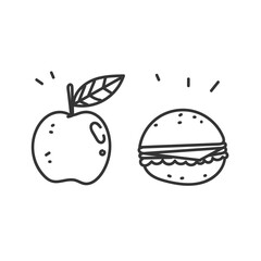 hand drawn doodle apple vs cheeseburger illustration 