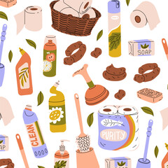 Endless seamless toilet pattern. Hygiene products, disinfection and items for the discharge of natural needs. Vector illustration. Transparent background.