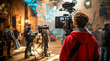 Obraz premium A film crew working together on movie set in pavilion. In the Big Film Studio Professional Crew Shooting Blockbuster Movie. Director, Cameraman, shooting start, behind the scene, new season, premiere