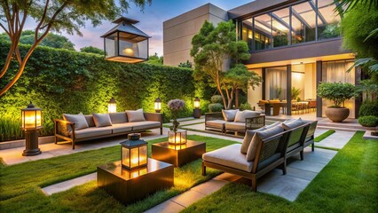 Fototapeta premium Sleek patio furniture and lanterns adorn a lush green lawn surrounded by contemporary architectural elements and vibrant plants in a serene outdoor oasis setting.