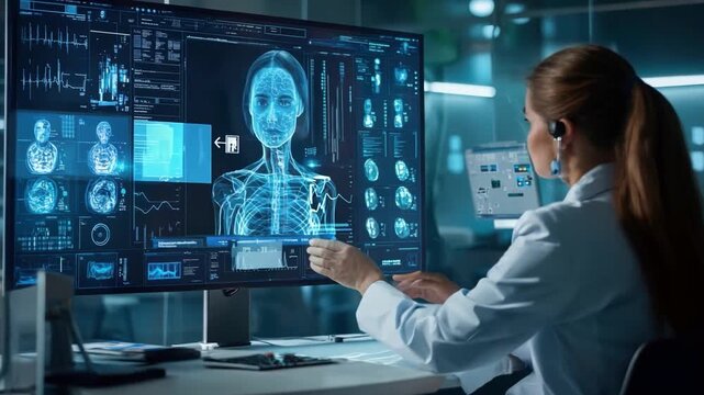 A team of doctors and nurses in a meeting room, utilizing AI technology to discuss patient case studies and treatment outcomes, highlighted teamwork.