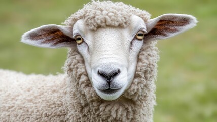Fototapeta premium Sheep with dense, textured wool surrounding its ears, close-up highlighting the interplay of light and shadow on the wool, detailed