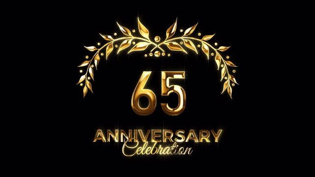 65th Anniversary Celebration. Happy 65 Years Anniversary Animation in Gold Color on the Transparent Background, Alpha Channel. Great for greetings, celebrations, events, and gifts.