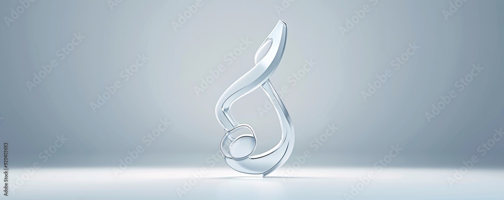 Poster a 3d visualization of a sleek music note sculpture on a minimalist background, providing generous co