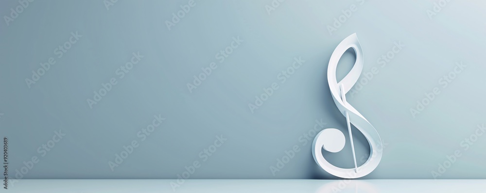 Poster a 3d visualization of a sleek music note sculpture on a minimalist background, providing generous co