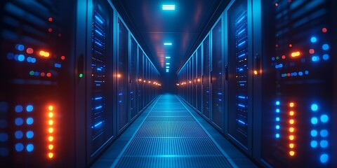 Detailed View of Cutting-Edge Data Servers with Vibrant Blue Lighting, generative ai